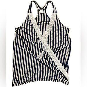 Classic navy and white vertical stripe tank with a racerback cut.